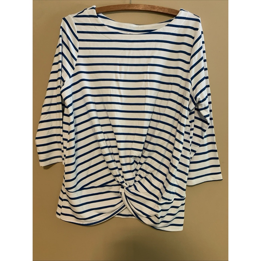 TRIBAL JEANS women's top Size M -White & blue Striped 3/4 Sleeve 95% RAYON